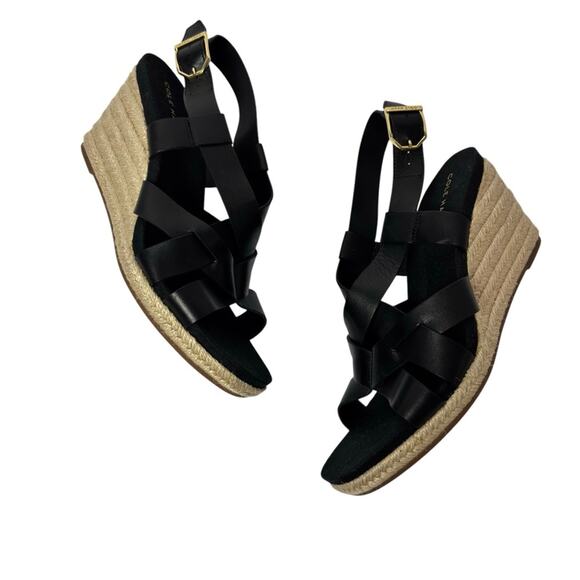 COLE HAAN CRYSTAL WEDGE BLACK GOLD SANDALS SIZE 6 NEW WITH PARTIAL STICKER TAGS